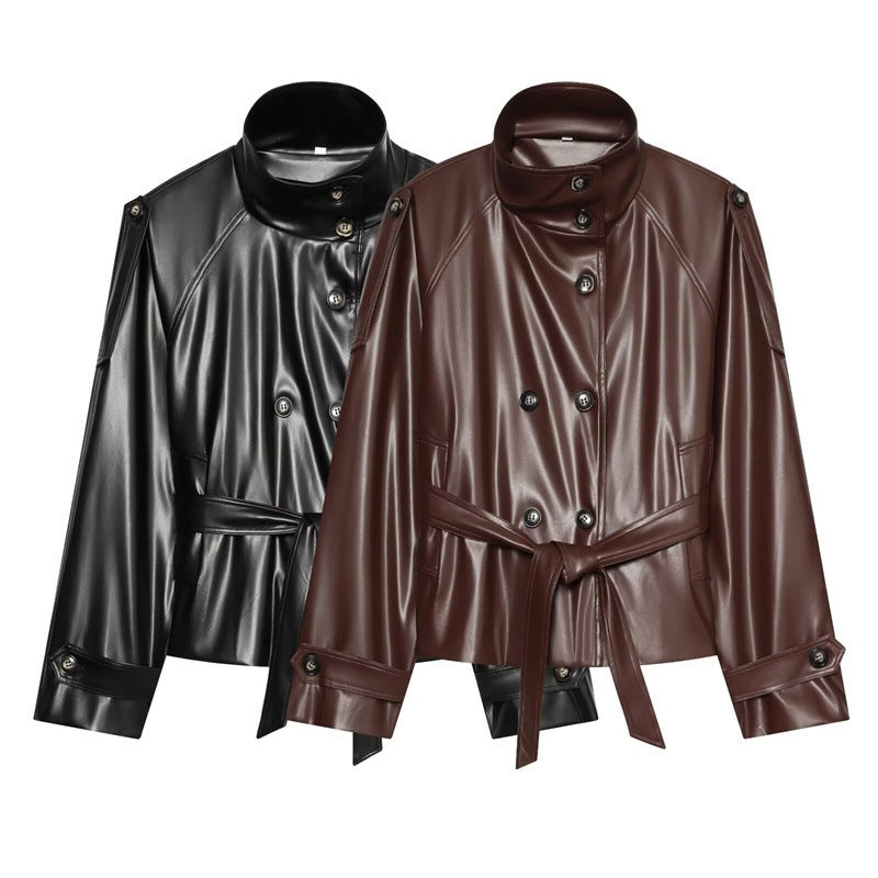 Women tailored faux leather jacket with stand-up collar, tie belt and double-breasted button placket