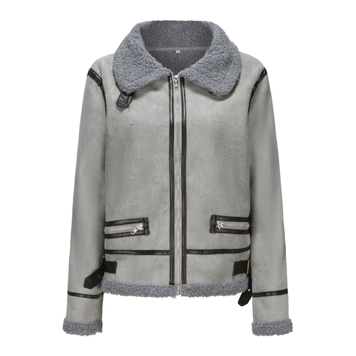 Women Short Cut Aviator Sheepskin Imitation Jacket with Teddy Lining and Faux Leather Trim