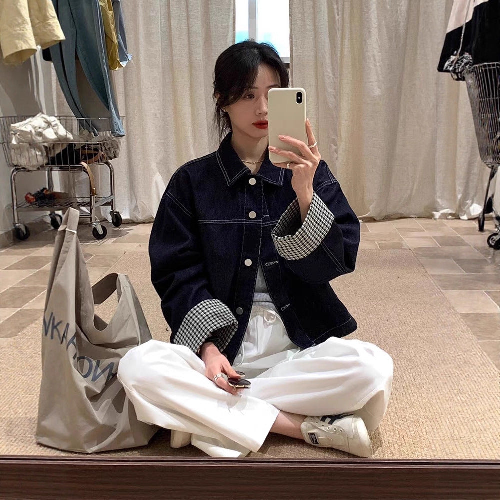 Women Oversized Denim Jacket with Contrasting Check Lining and Cuff Roll