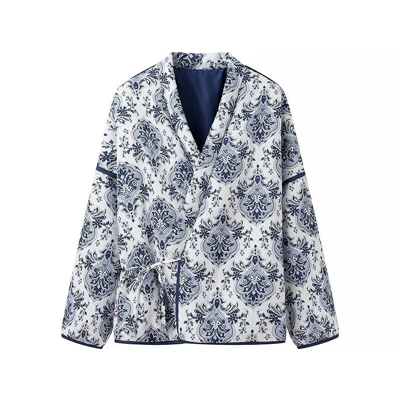Women Quilted Kimono Jacket with Ornamental Jacquard Look and Contrasting Piping