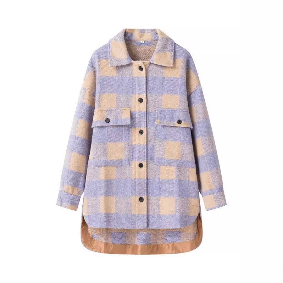 Women Oversize Checked Shirt Jacket with Applied Flap Pockets and Extended Hem