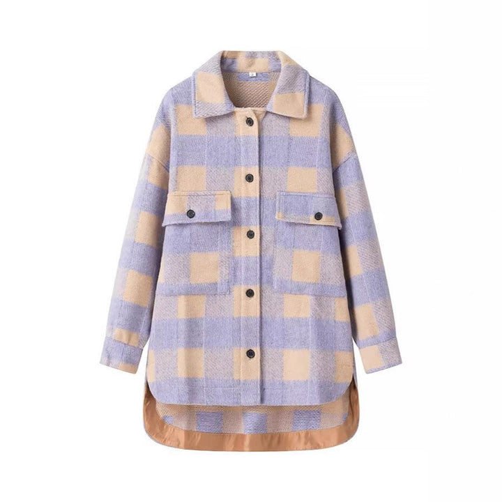 Women Oversize Checked Shirt Jacket with Applied Flap Pockets and Extended Hem
