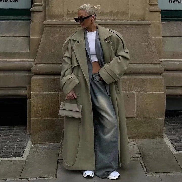 Women Long Trench Coat with Belt, Double-Breasted Button Placket and Epaulets