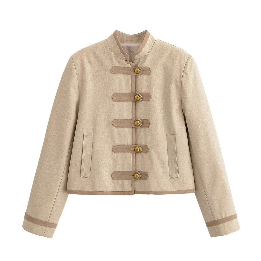 Women Short Military-Inspired Jacket with Stand Collar and Decorative Toggle Closure