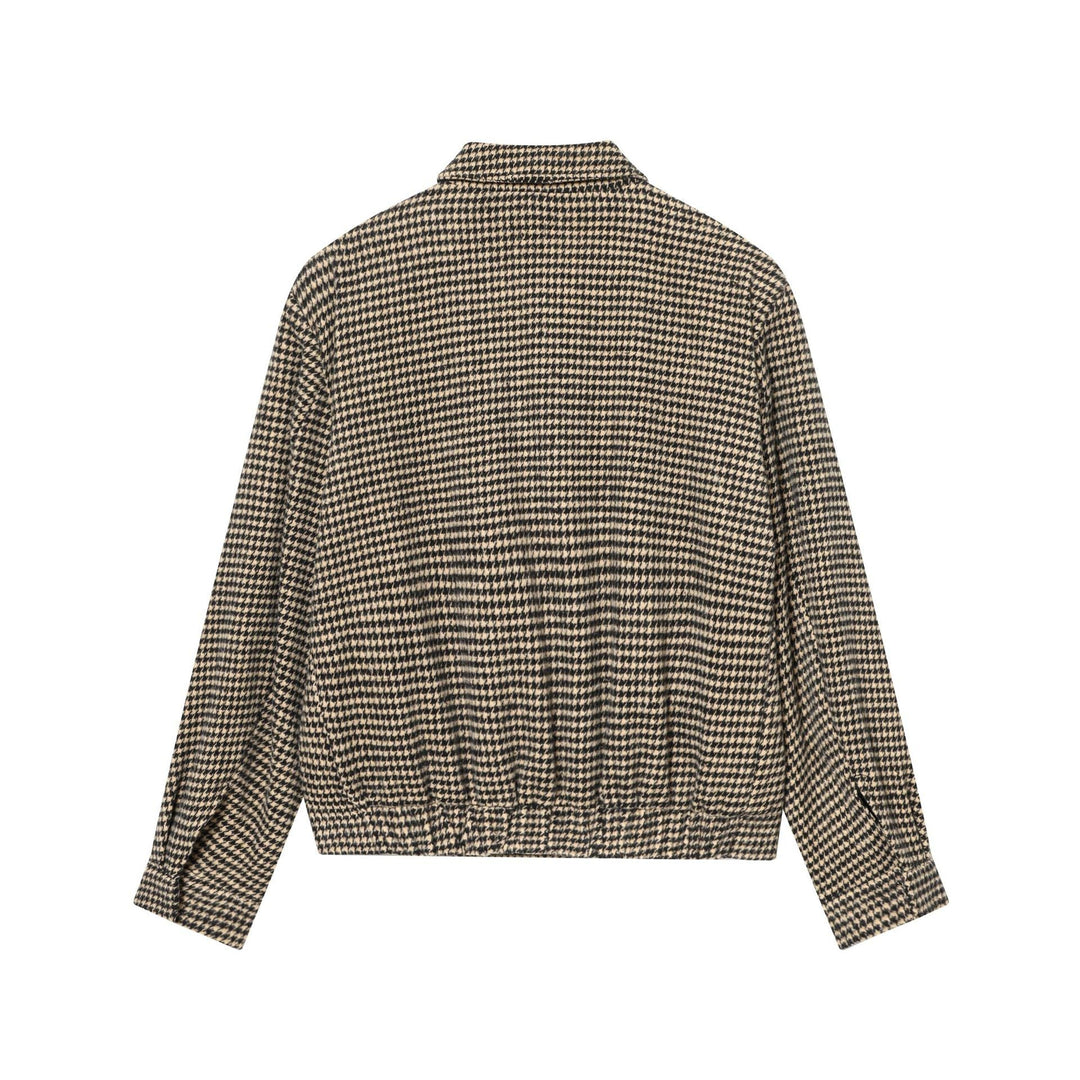 Women Boxy Short Jacket made of Wool Blend with Houndstooth Pattern, Zip and Shirt Collar