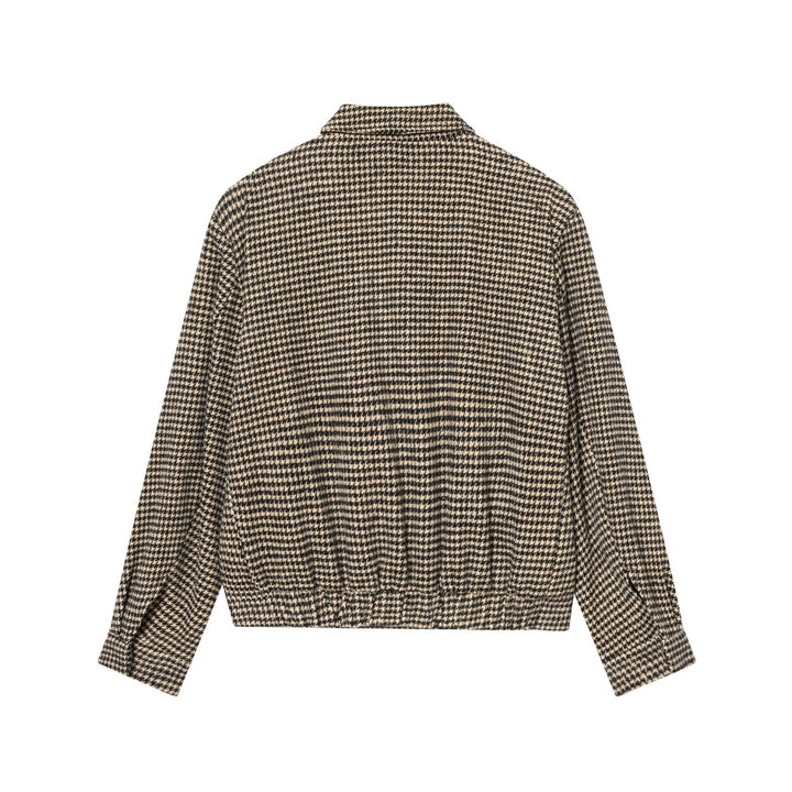 Women Boxy Short Jacket made of Wool Blend with Houndstooth Pattern, Zip and Shirt Collar