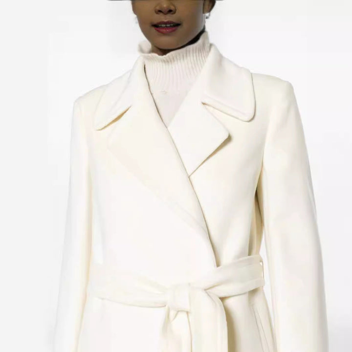 Women’s Maxi-length tailored wool blend coat with belt and wide lapels
