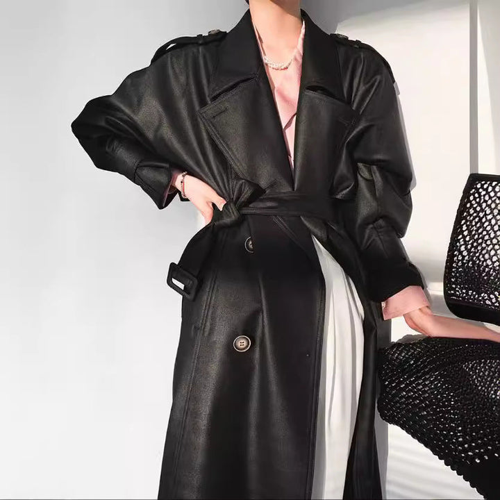Women Fashionable Faux Leather Trench Coat