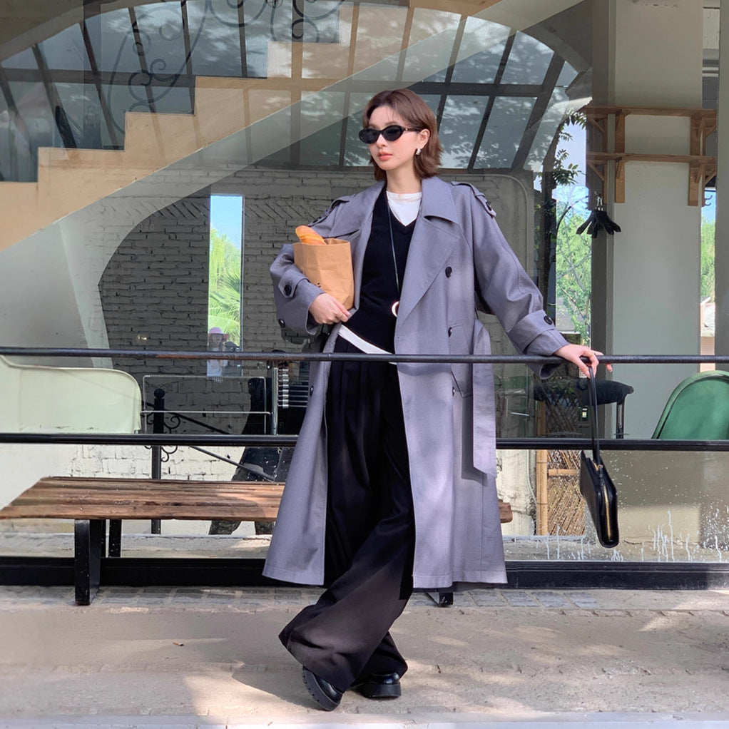 Women’s Long Trench Coat in Oversize Look with Belt and Shoulder Patches