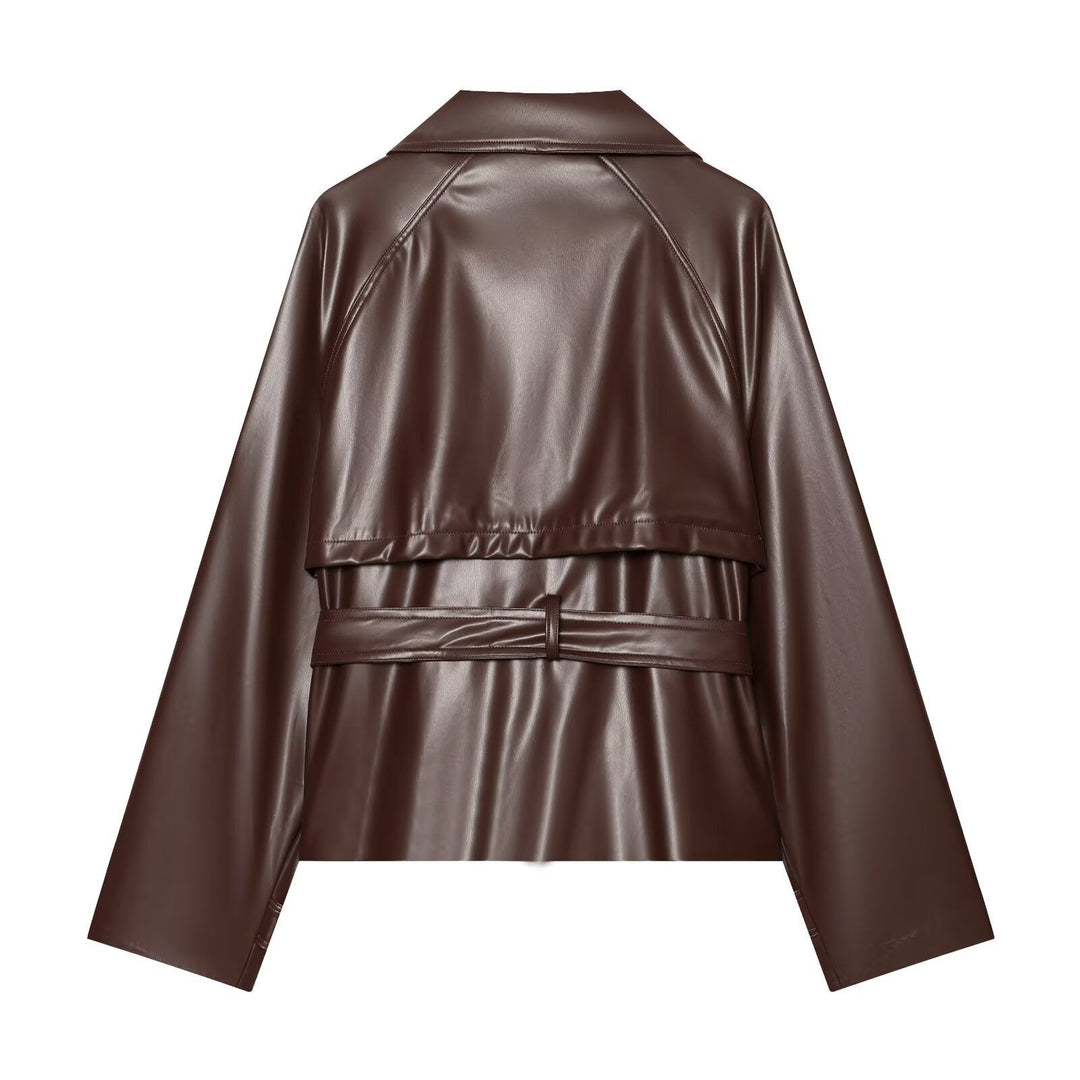 Women tailored faux leather jacket with stand-up collar, tie belt and double-breasted button placket