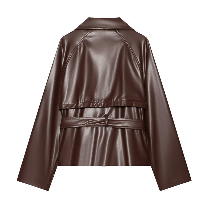 Women tailored faux leather jacket with stand-up collar, tie belt and double-breasted button placket