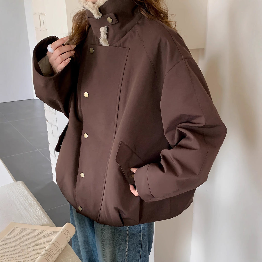 Women Oversize Utility Jacket with High Teddy Collar and Snap Button Placket