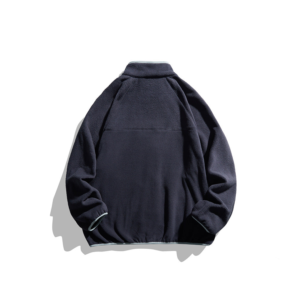 Unisex Oversize Fleece Jacket with Stand-Up Collar, Full-Length Zip, and Contrast Piping