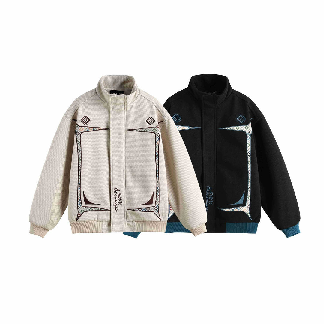 Women Lightweight Stand Collar Jacket with Folk Embroidery Appliqués and Ribbed Cuffs