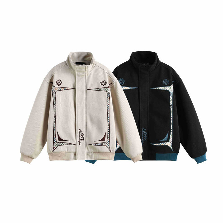 Women Lightweight Stand Collar Jacket with Folk Embroidery Appliqués and Ribbed Cuffs