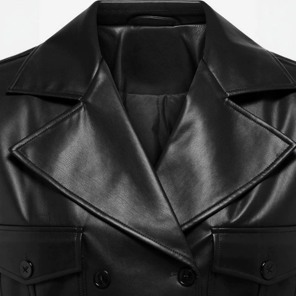 Women short cut double-breasted leather jacket with wide lapels