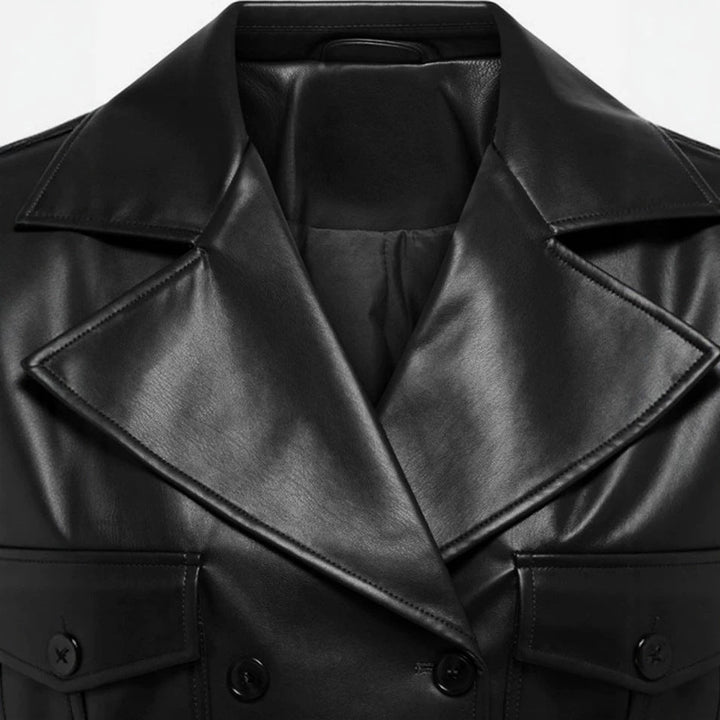Women short cut double-breasted leather jacket with wide lapels