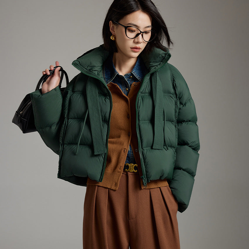 Women Short Cut Boxy Quilted Jacket with Voluminous Hood and Drawstring