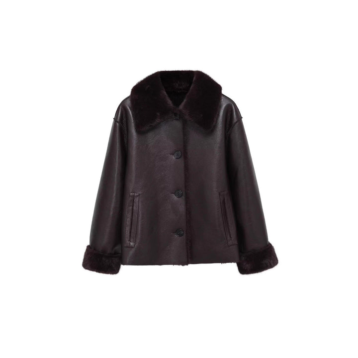 Women Boxy Faux Leather Jacket with Faux Fur Collar, Lambswool Imitation Lining and Button Closure