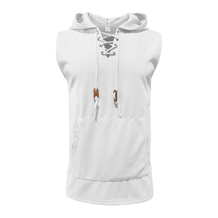 Men sleeveless hoodie sweatshirt with laced collar and kangaroo pocket