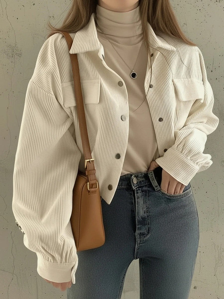Women’s cropped overshirt jacket made of fine corduroy with snap buttons, chest flaps, and voluminous sleeves