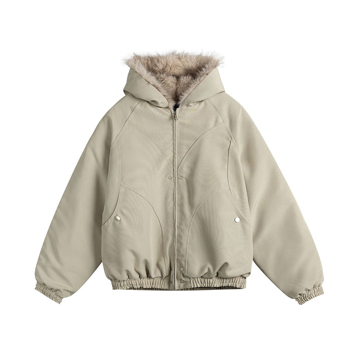 Women Short Cut Camouflage Transition Jacket with Faux Fur Hood and Elastic Hem