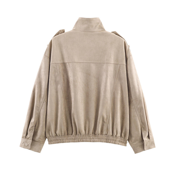 Women’s short jacket in military style with epaulets, patch chest pockets, and elastic hem