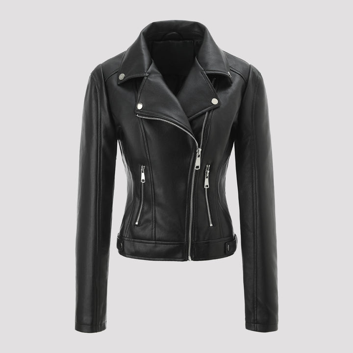 Women short fitted biker jacket made of Nappa leather with asymmetrical zip