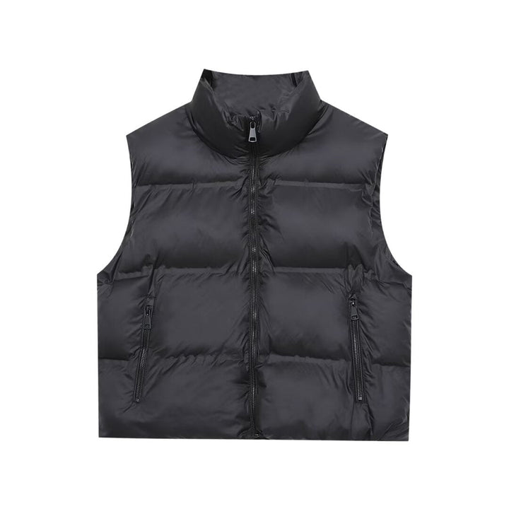 Ladies Padded Cropped Quilted Vest with High Stand-Up Collar and Zip Pockets