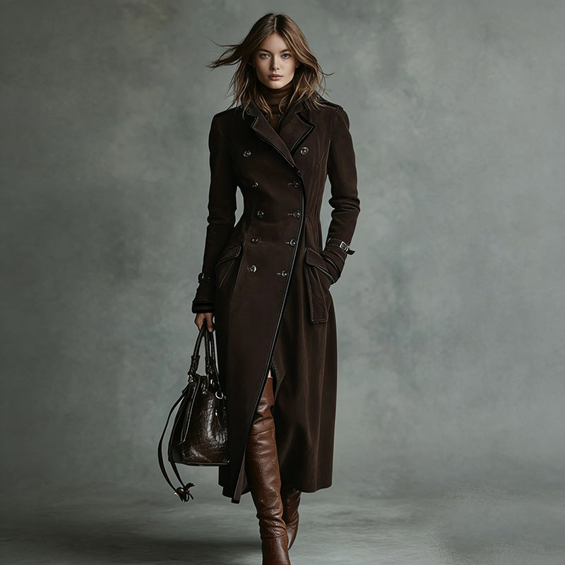 Women Longer Tailored Trench Coat in Suede Look with Double-Breasted Button Placket and Buckle Cuffs