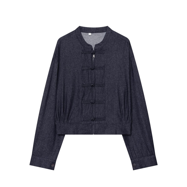 Women Cropped Denim Jacket with Stand Collar and Chinese Toggle Closures