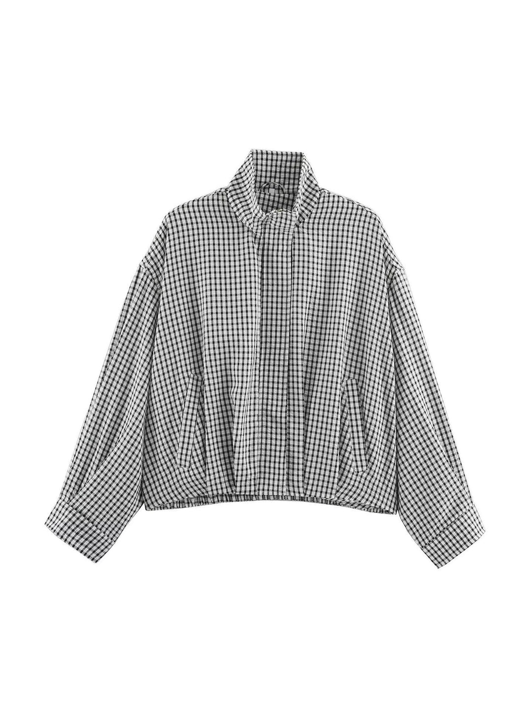 Women Oversize Checkered Blouson Jacket with Stand-up Collar