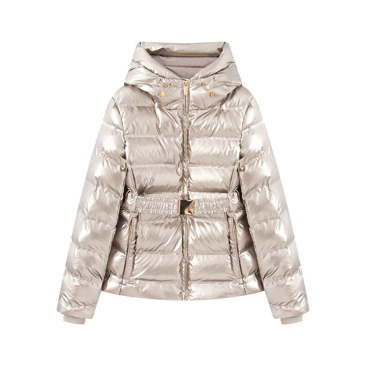 Women short cut quilted jacket with hood, fitted elastic waistband and decorative belt