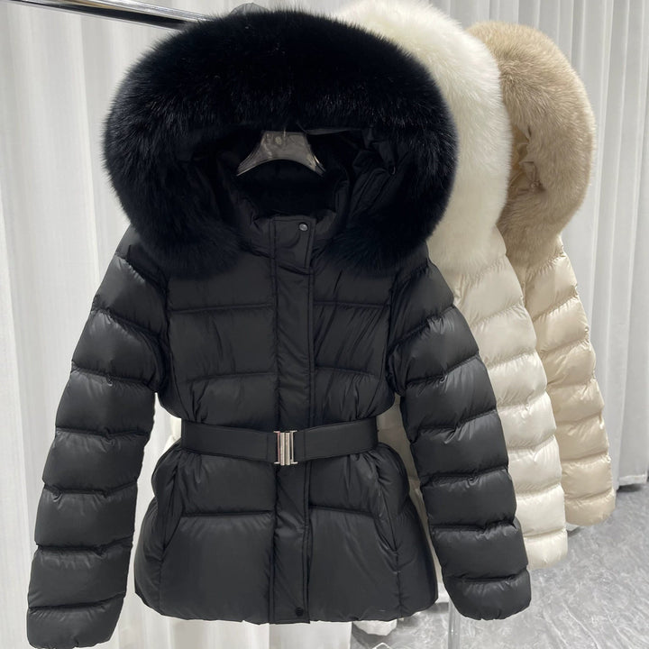 Women Tailored Quilted Puffer Jacket with Belt, High Collar and Removable Fur Trim