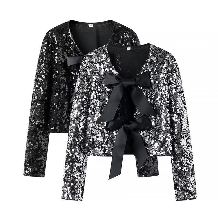 Women’s Short Jacket with Sequin Trim and Decorative Bow Front