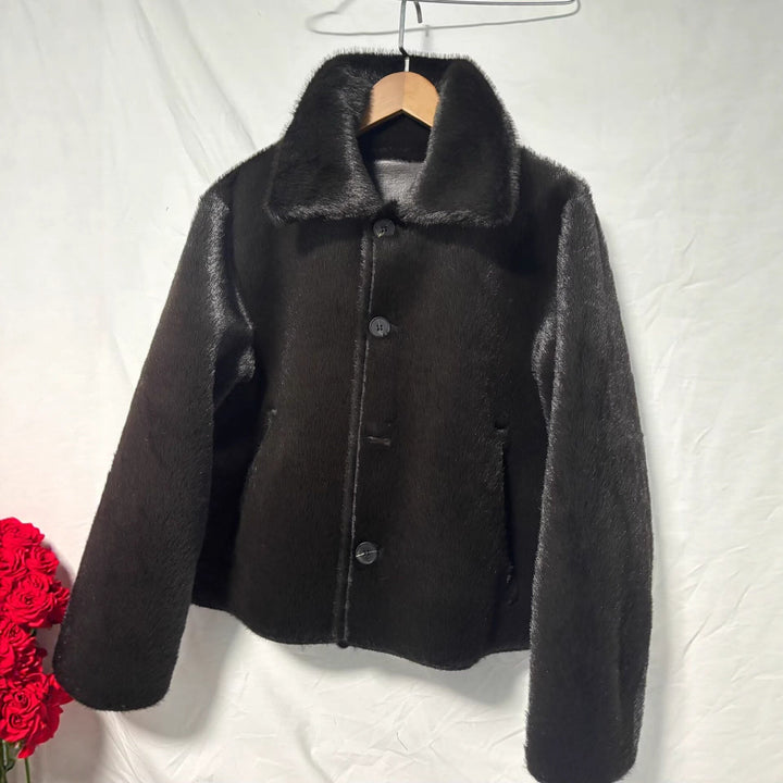 Women Boxy Faux Leather Jacket with Faux Fur Collar, Lambswool Imitation Lining and Button Closure
