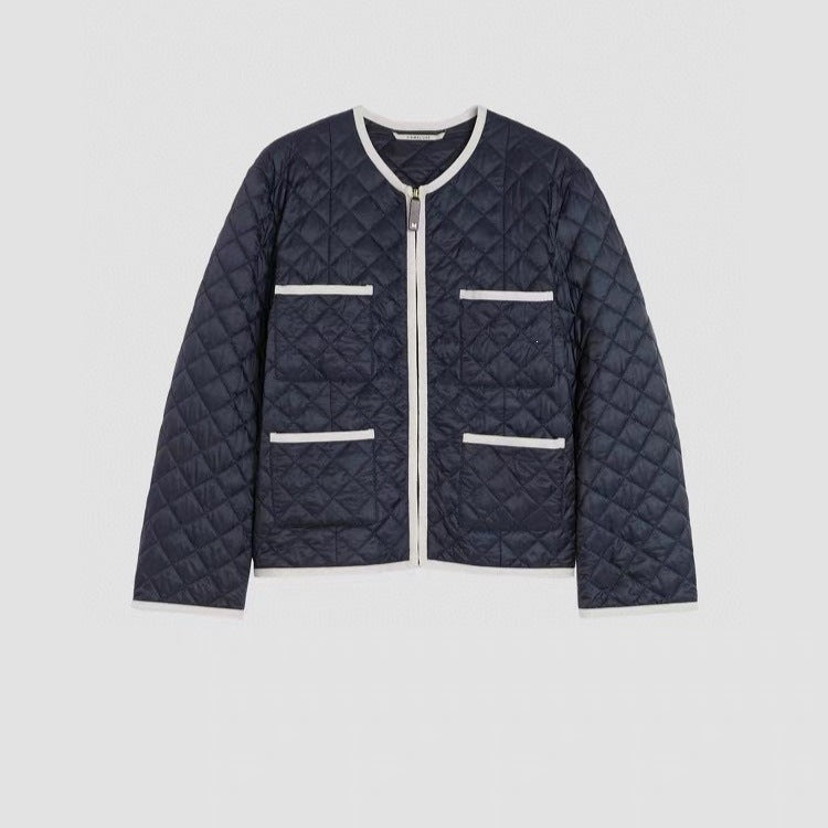 Women Lightly Quilted Short Jacket without Collar with Contrast Piping and Full-Length Zip