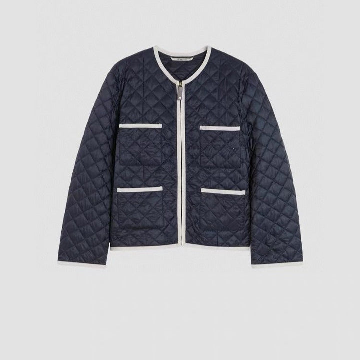 Women Lightly Quilted Short Jacket without Collar with Contrast Piping and Full-Length Zip