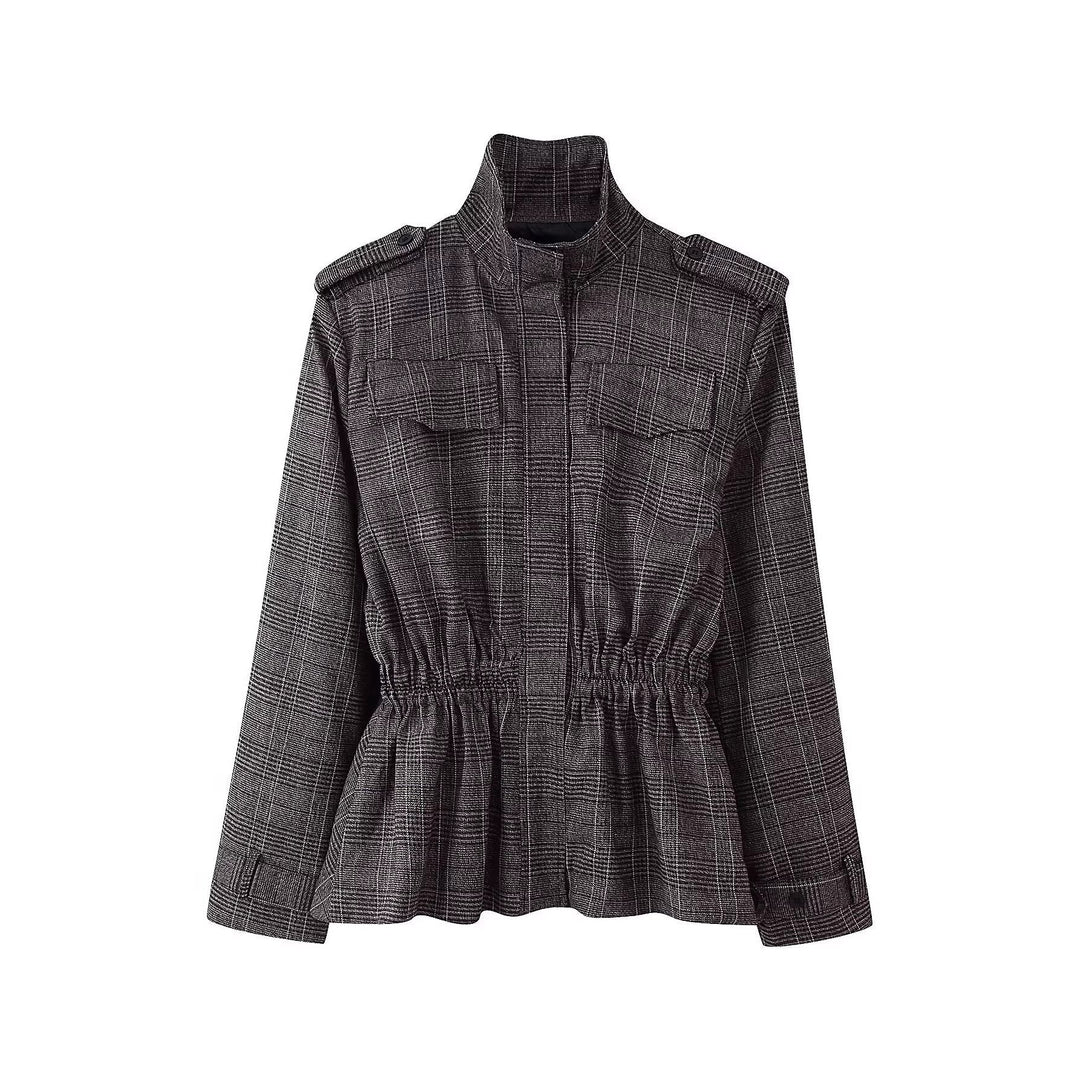 Women Tailored Transitional Jacket with Drawstring Waist and Stand-Up Collar