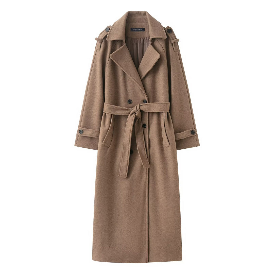 Women Long Double-breasted Trench Coat with Belt and Shoulder Straps