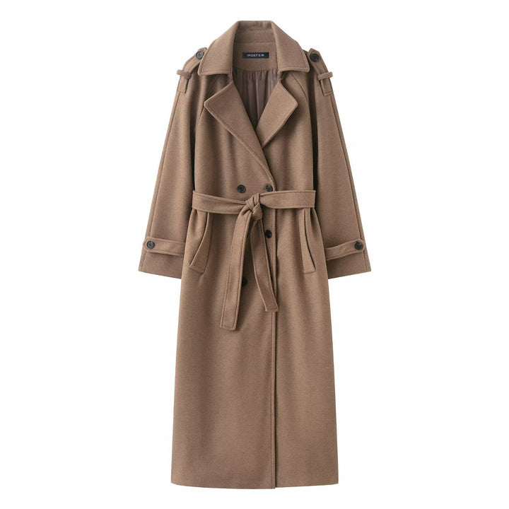 Women Long Double-breasted Trench Coat with Belt and Shoulder Straps