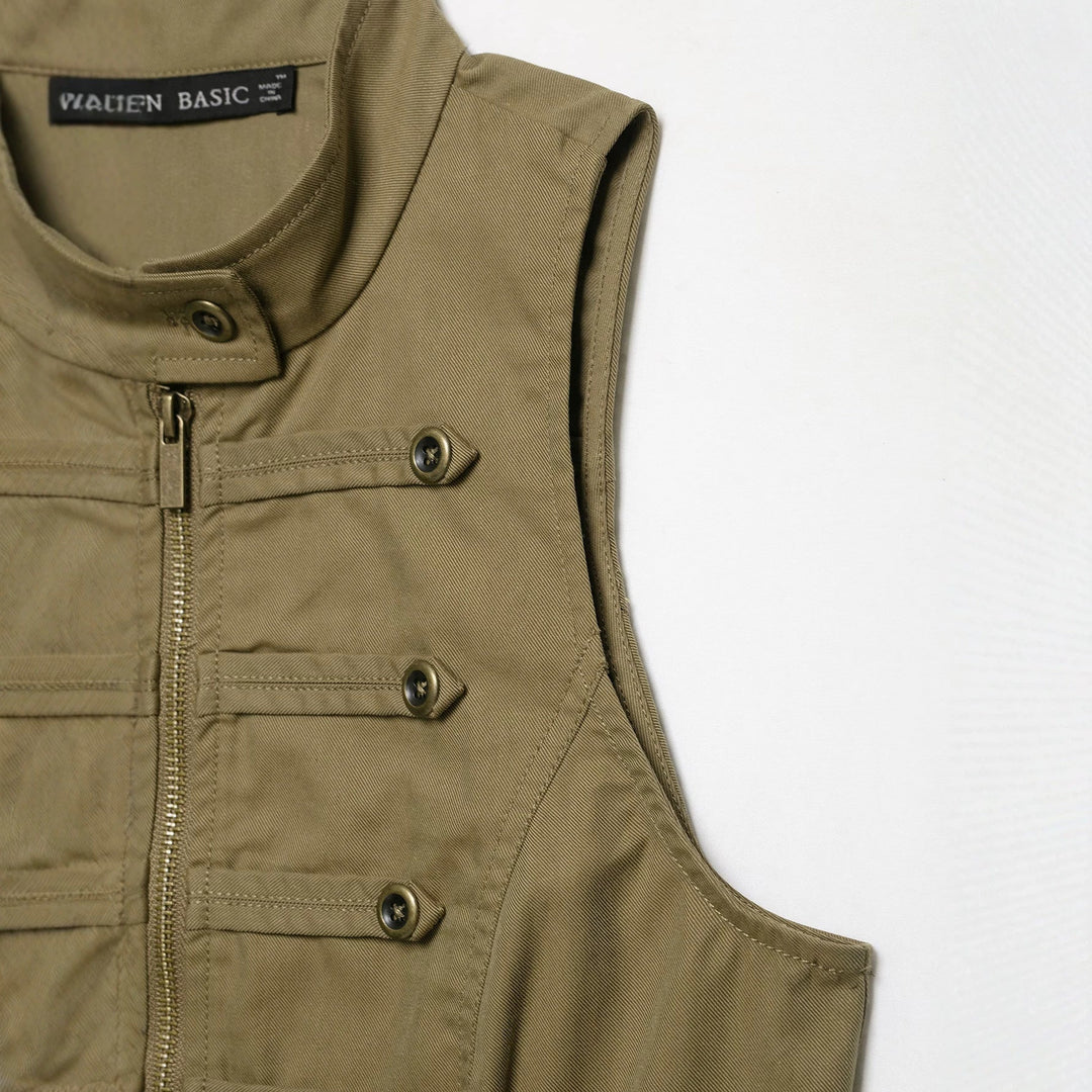 Ladies Tailored Canvas Vest with Front Zip and Decorative Button Ribbons