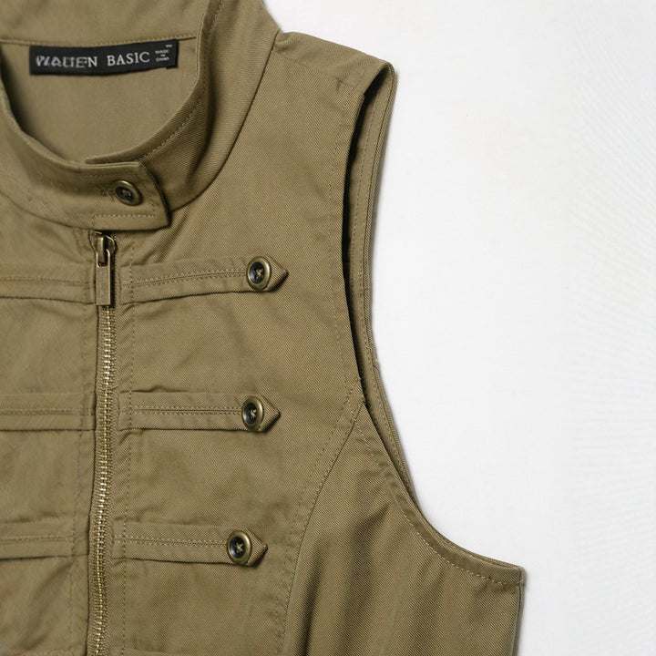 Ladies Tailored Canvas Vest with Front Zip and Decorative Button Ribbons