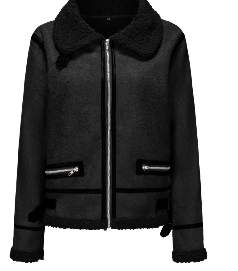 Women Short Cut Aviator Sheepskin Imitation Jacket with Teddy Lining and Faux Leather Trim