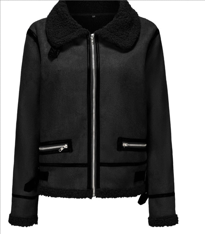 Women Short Cut Aviator Sheepskin Imitation Jacket with Teddy Lining and Faux Leather Trim