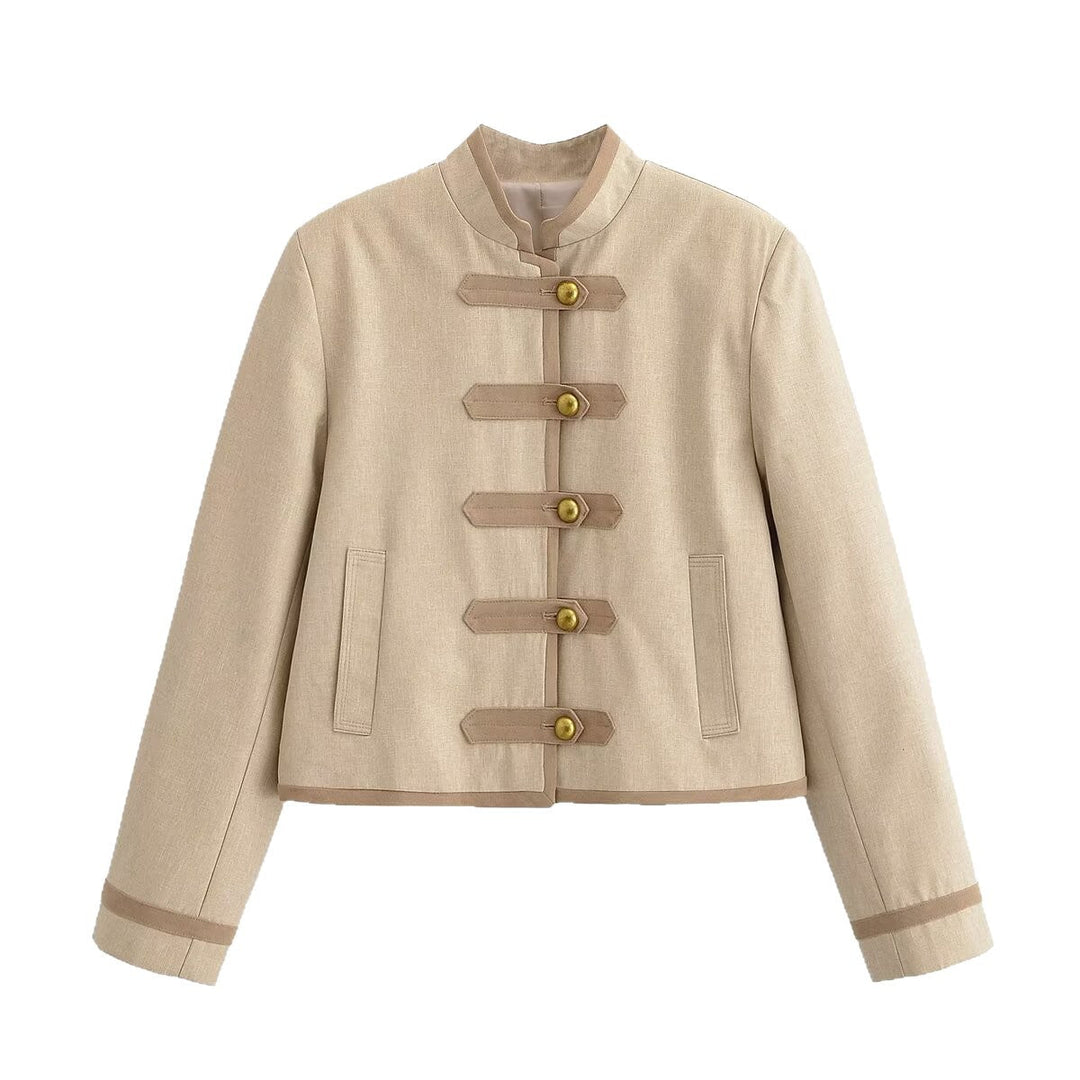 Women Short Military-Inspired Jacket with Stand Collar and Decorative Toggle Closure