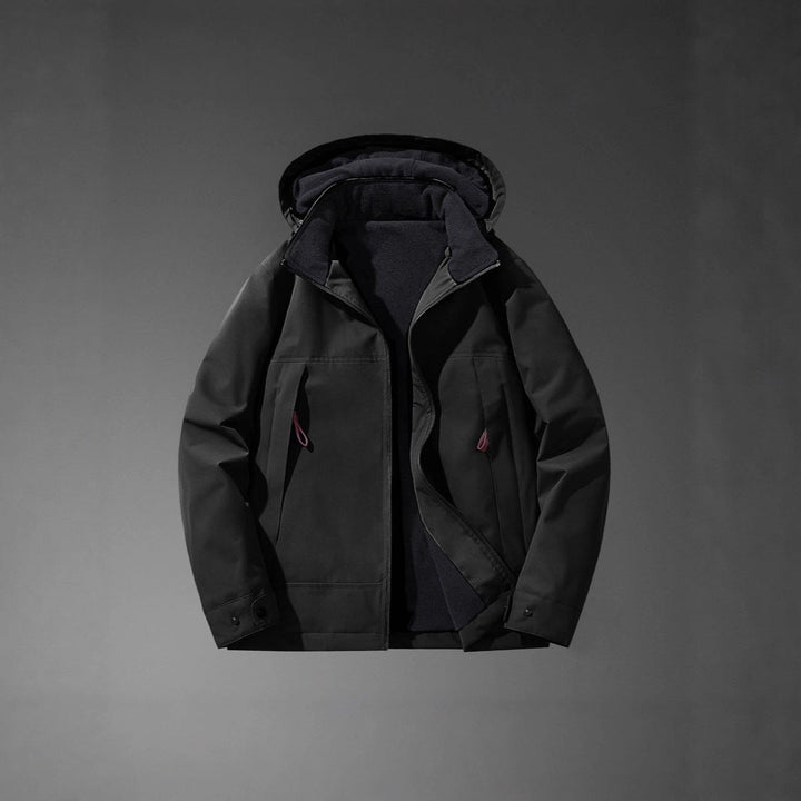 Men Water-resistant Multi-pocket Jacket with Hood and Fleece Lining