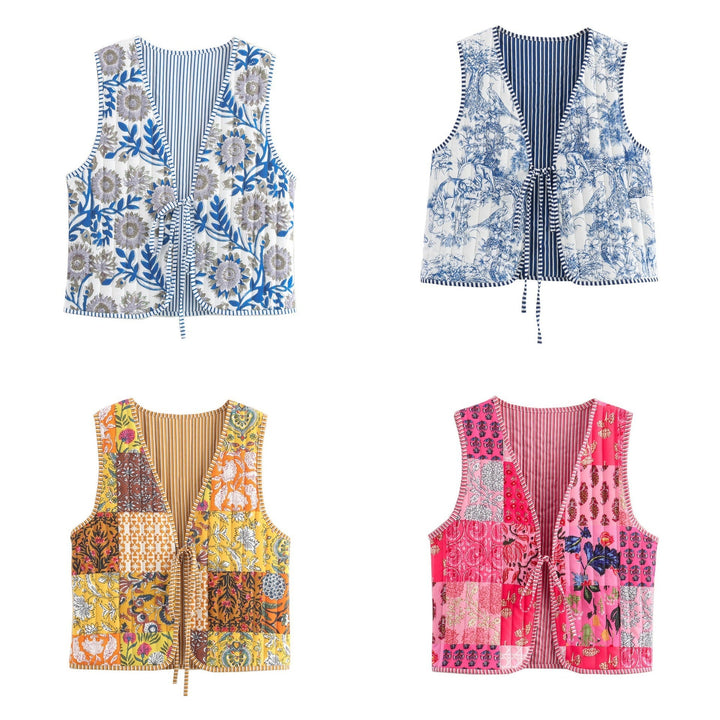 Ladies patchwork vest with tie belt, striped interior finish and contrast piping