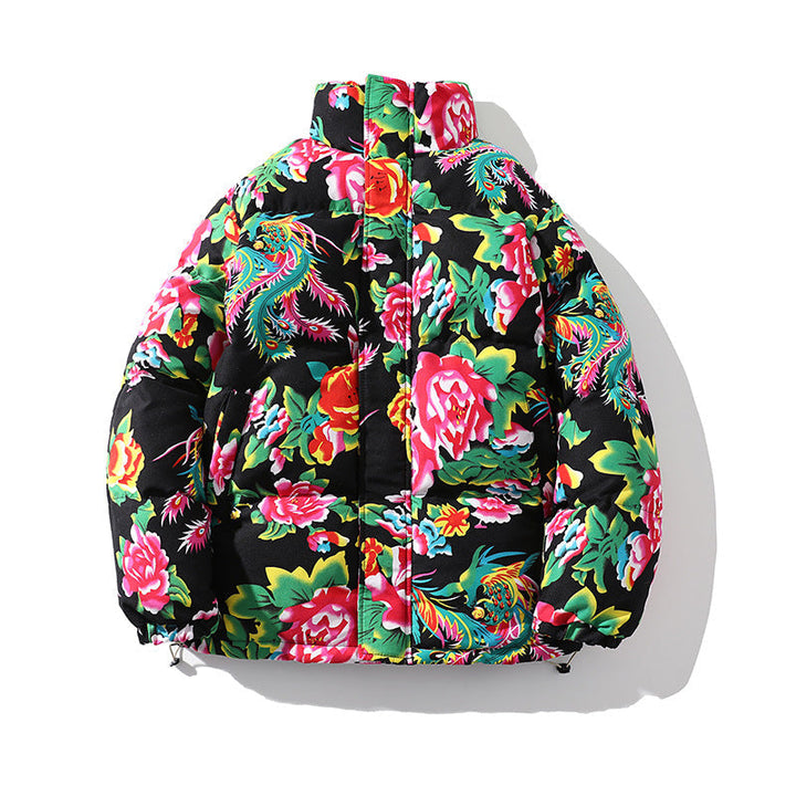 Women’s Padded Quilted Puffer Jacket with Large Floral Print and Stand Collar