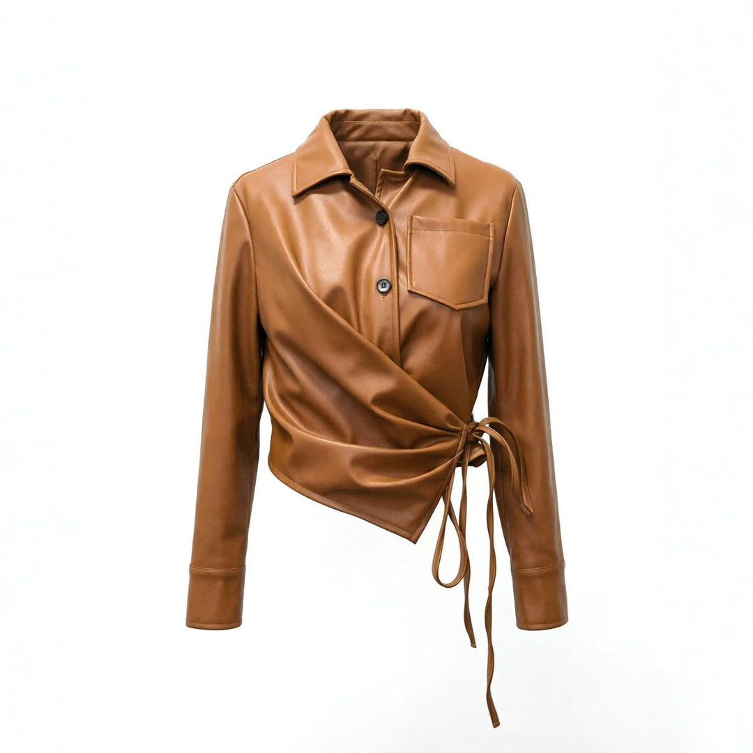Women Tailored Leather Vest with V-Neck and Button Placket